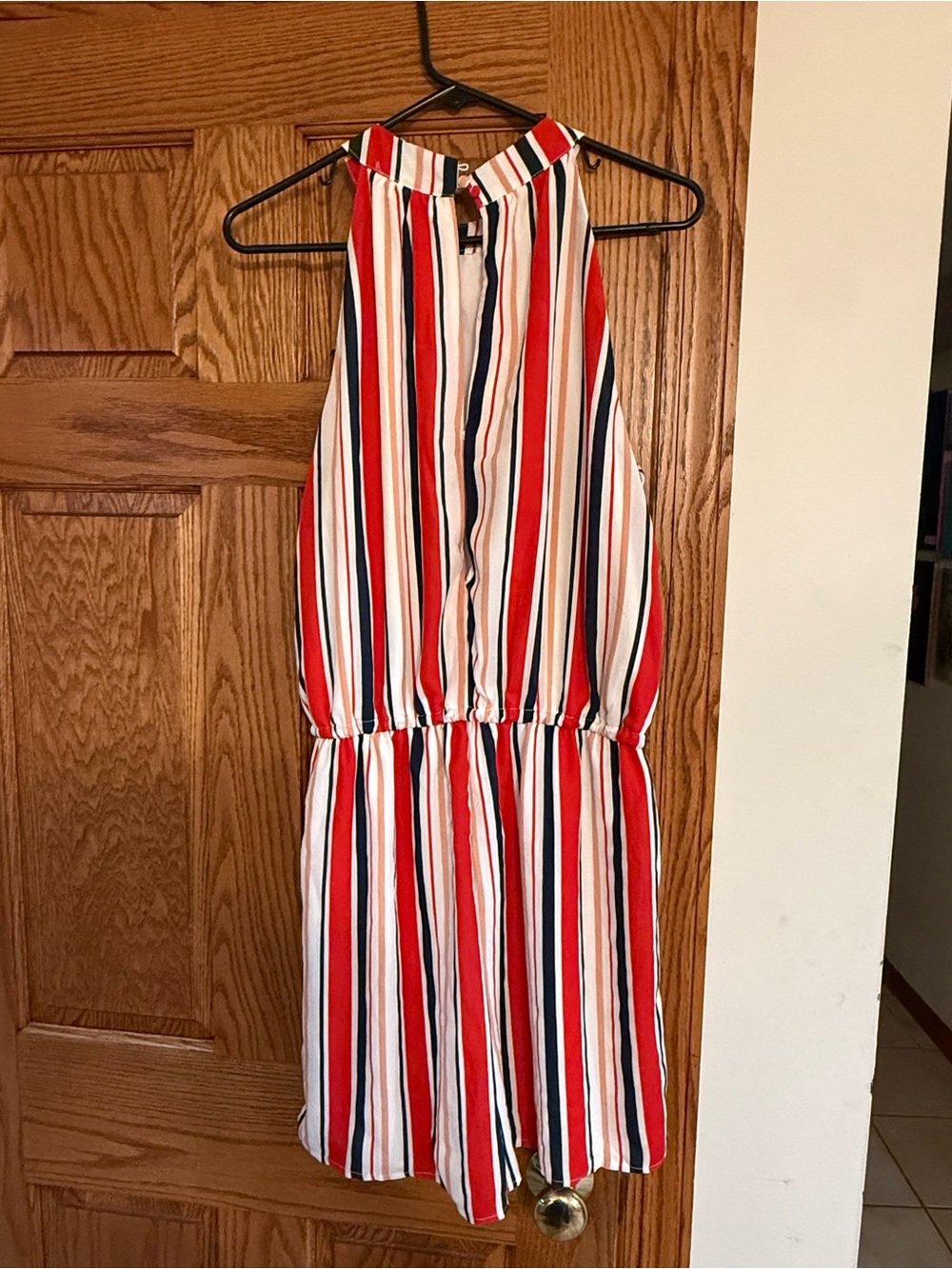 New York & Company Striped Halter Romper in Red, Navy & Cream